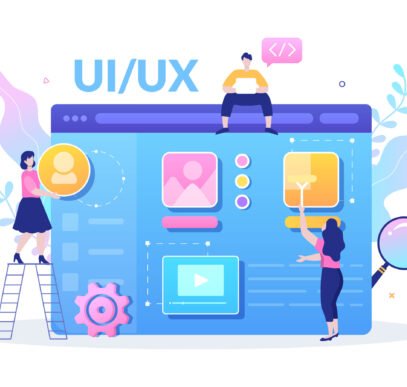 UI & UX Programmer Flat Design Vector Illustration for Business Information and Team Sharing Ideas with Designer, Coding, Interface or Software App Development uiux scaled